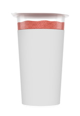 3D realistic render of strawberry or raspberry foam, foamy cream, in transparent plastic container. Empty label. Isolated on white