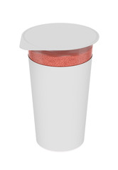 3D realistic render of strawberry or raspberry foam, foamy cream, in transparent plastic container. Empty label. Isolated on white