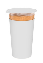 3D realistic render of caramel foam, foamy cream, in transparent plastic container. Empty label. Isolated on white