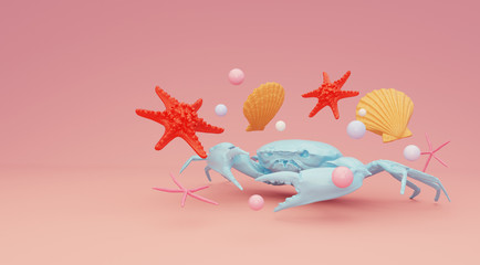Blue crab with colorful shells, starfish and pearls on a pink background, 3d render.