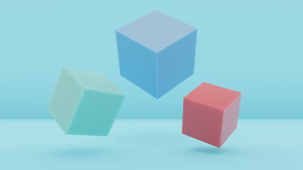 Minimal abstract background. Three cubes on blue background. Turquoise cube, blue cube, red cube. 3D. Render.