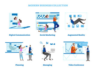 Simple business concept scenes with office people male and female characters debate and working together with use of modern technology, blue design elements, vector illustration collection