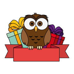 cute and adorable owl with gifts and ribbon