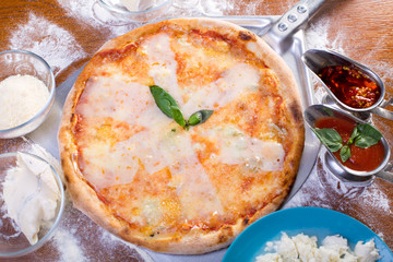 close up of tasty italian four cheese