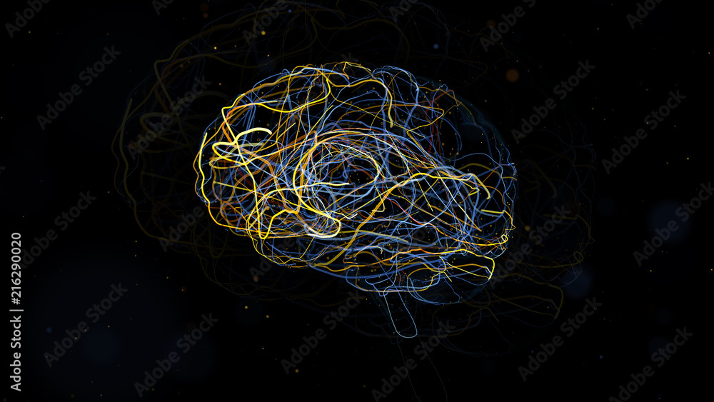 Poster 3d render of brain form with a lot of particles. particles follow brain surface and left trails that