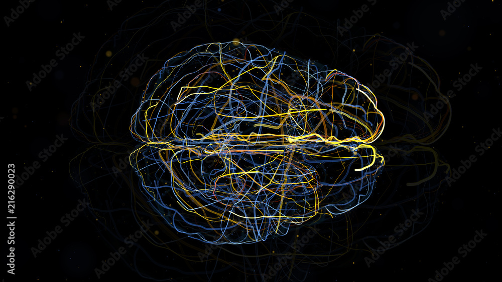 Poster 3d render of brain form with a lot of particles. particles follow brain surface and left trails that