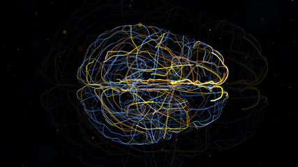 3d render of brain form with a lot of particles. Particles follow brain surface and left trails that symbolize neurons. Top view.