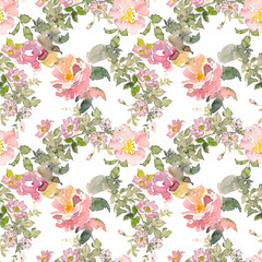 Seamless pattern of summer garden yellow and pink rose flower. Watercolor floral illustration. Botanical decorative element. Flower concept. Botanica concept.