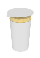 3D realistic render of Vanilla foam, foamy cream, in transparent plastic container. Empty label. Isolated on white