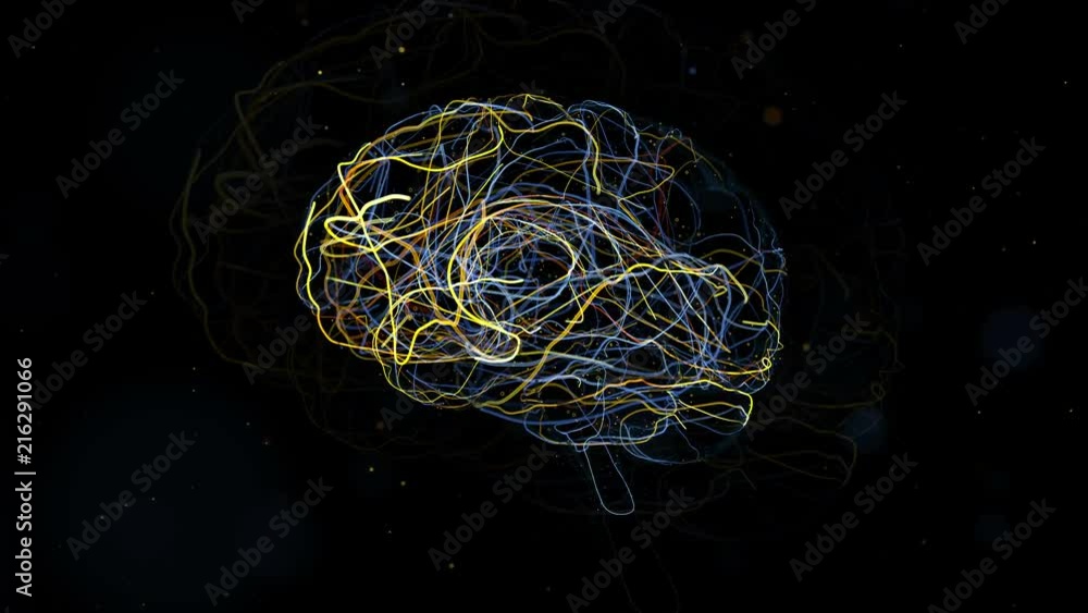 Poster 3d render of brain form with a lot of particles. particles follow brain surface and left trails that