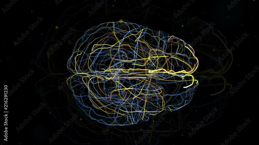 Poster 3d render of brain form with a lot of particles. particles follow brain surface and left trails that