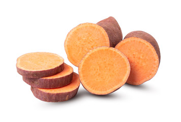 Sweet potato with slices isolated on white background. with clipping path