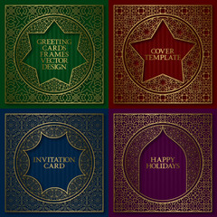 Obraz premium Golden patterned frames set. Vintage design of greeting cards backgrounds in asian traditional style. Brochure, album cover, nameplate, signboard templates.