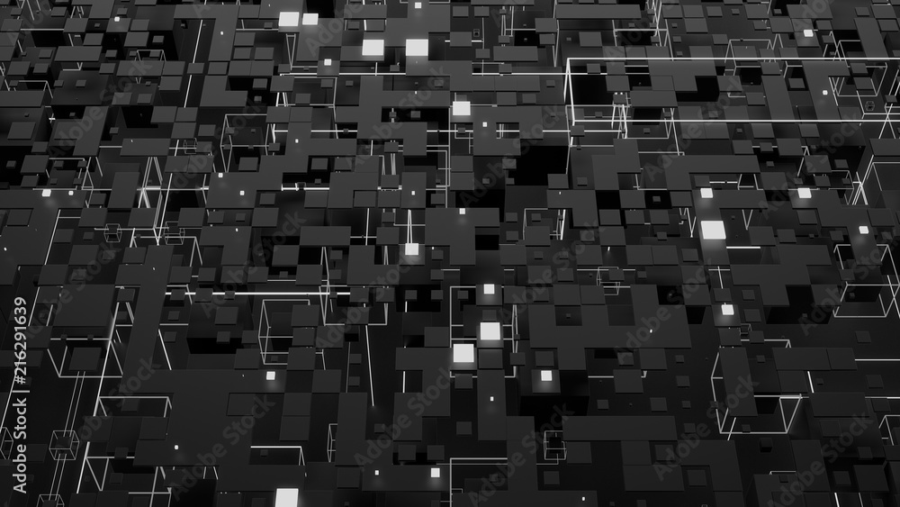Poster 3d render abstract background. complex digital wall with random elements. square geometry with brigh