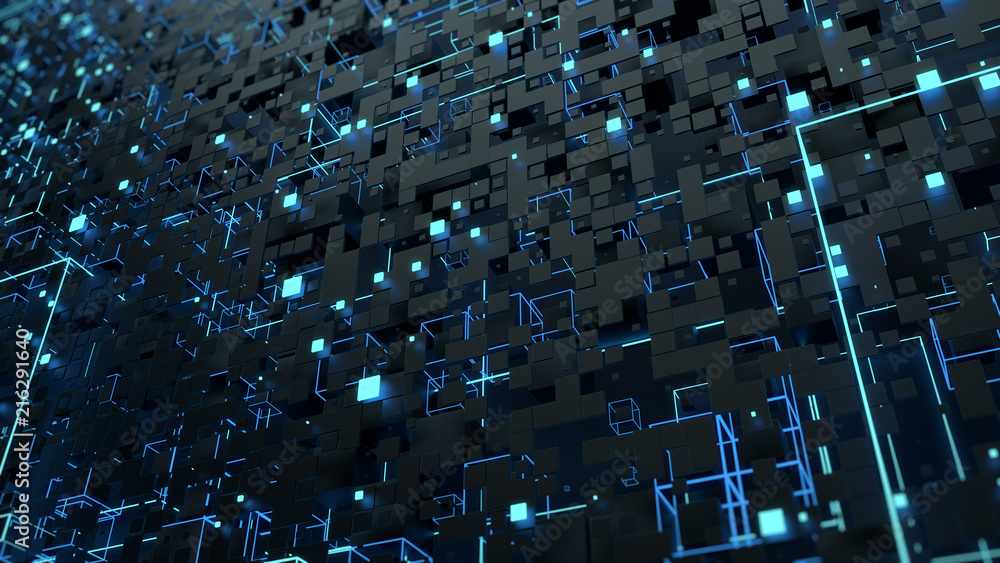 Poster 3d render abstract background. complex digital wall with random elements. square geometry with brigh