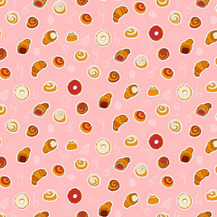 Bakery seamless vector pattern: buns, bagels, croissants, coffee beans and donuts