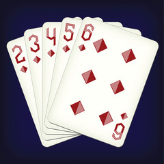 Straight Flush of Diamonds from Two to Six - playing cards vector illustration