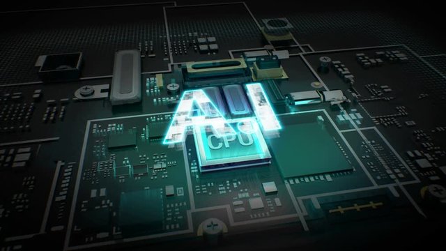 Hologram typo 'A. I' on CPU chip circuit, grow Internet of things technology. 4k movie.