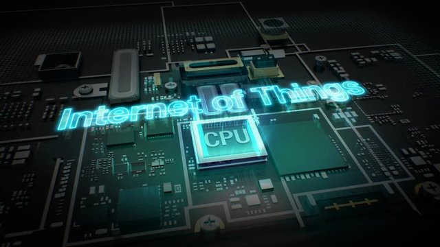 Hologram typo 'Internet of things' on CPU chip circuit, grow Artificial Intelligence. 4k movie.
