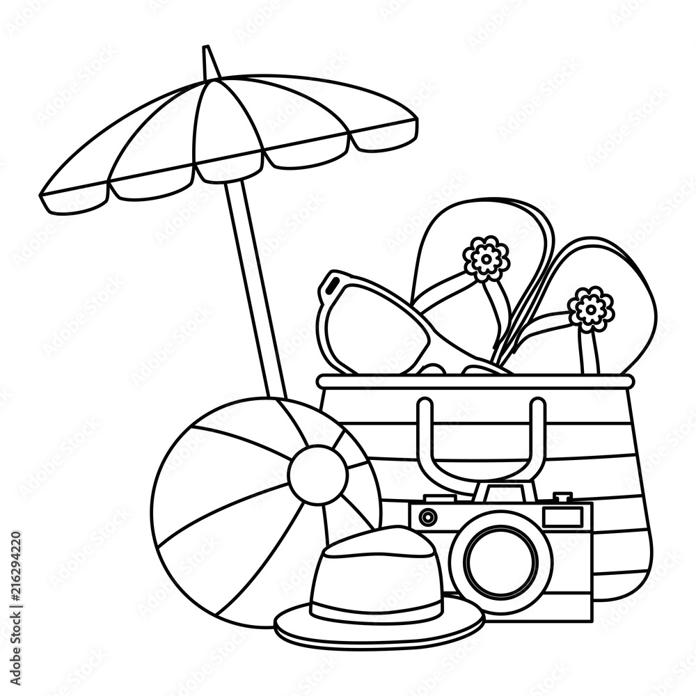 Sticker umbrella beach with vacations accessories vector illustration design