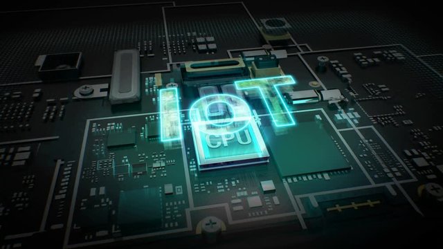 Hologram typo 'IoT' on CPU chip circuit, grow Internet of things. 4k movie.