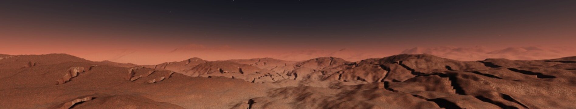 Panorama of Mars. Sunset on Mars. Martian surface.
3D rendering
