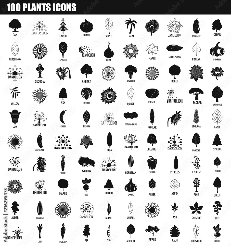 Poster 100 plants icon set. simple set of 100 plants vector icons for web design isolated on white backgrou