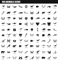 100 animals icon set. Simple set of 100 animals vector icons for web design isolated on white background