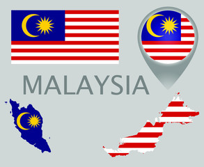 Colorful flag, map pointer and map of Malaysia in the colors of the malaysian flag. High detail. Vector illustration