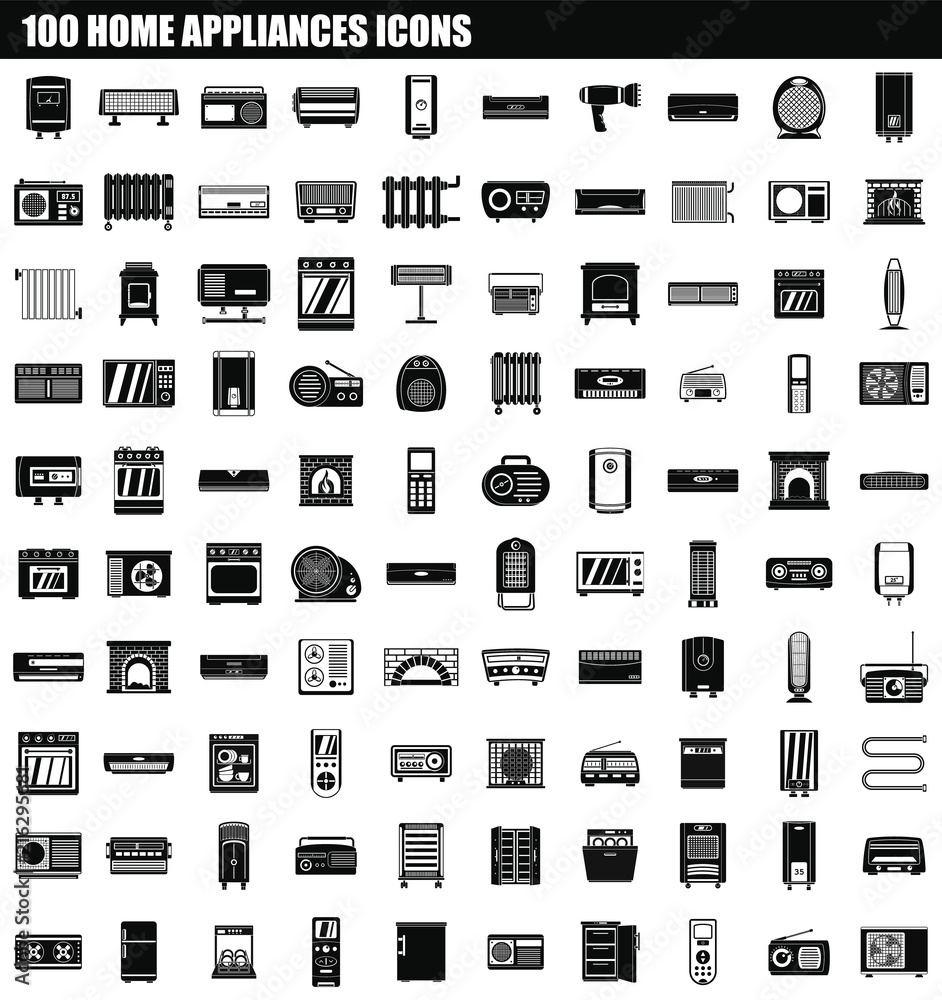 Poster 100 home appliances icon set. simple set of 100 home appliances vector icons for web design isolated
