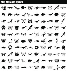 100 animals icon set. Simple set of 100 animals vector icons for web design isolated on white background