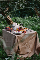 tasty appetizing berries pie, wine, candles and fruits on table in garden