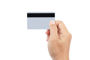Man hand holding credit or debit card isolated on white background for credit card payment concept