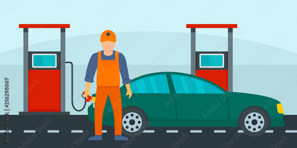 Poster man fill the car with petrol background. flat illustration of man fill the car with petrol vector ba