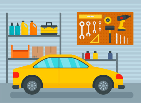 Car in home garage background. Flat illustration of car in home garage vector background for web design
