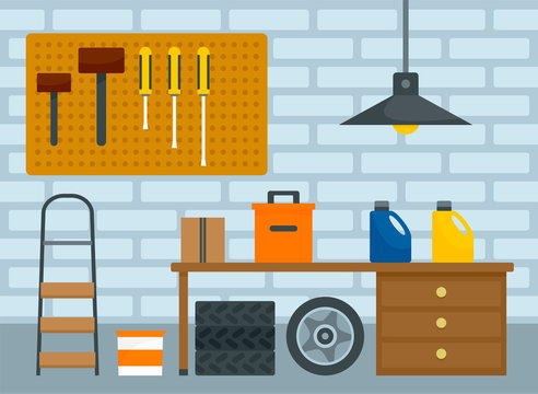 Home car garage background. Flat illustration of home car garage vector background for web design