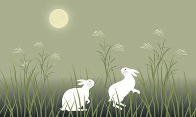 十五夜　お月見　ススキの原で満月を振り返るウサギ