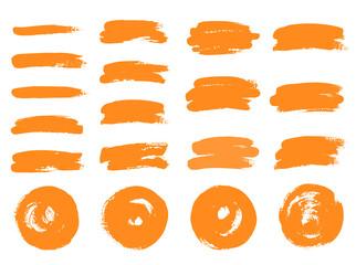 Vector set of brushes. Hand drawn circles. Set of color orange brush stroke, different size on white background. Elements for design. Hand drawn stroke, isolated.