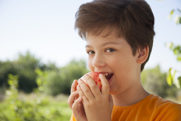 Happy boy biting the apple, A child with a fruit. Kid eating fresh pear