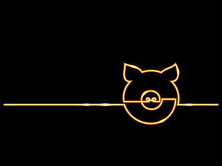 One continuous line drawing of pig. Vector Chinese new year illustration on black background. Golden neon effect.
