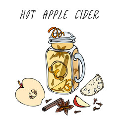 Hot Apple Cider in Mason Jar. Or Mulled White Wine. Warming Drink. Bar Menu. Autumn Harvest Collection. Realistic Hand Drawn High Quality Vector Illustration. Doodle Style.
