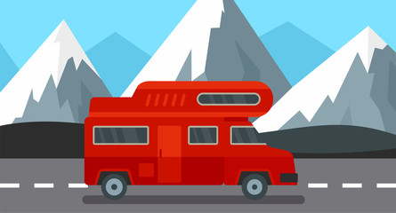 Red camp truck background. Flat illustration of red camp truck vector background for web design