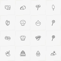 Candies line icon set with ice cream, cup cake and cookies