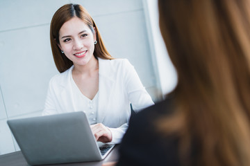 job interview with beautiful asian business woman discussing with manager in meeting room office background