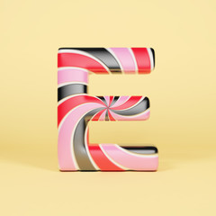 Alphabet letter E uppercase. Christmas font made of pink, red and black striped lollipop. 3D render on yellow background.