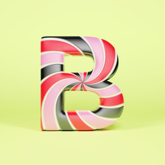 Alphabet letter B uppercase. Christmas font made of pink, red and black striped lollipop. 3D render on yellow background.