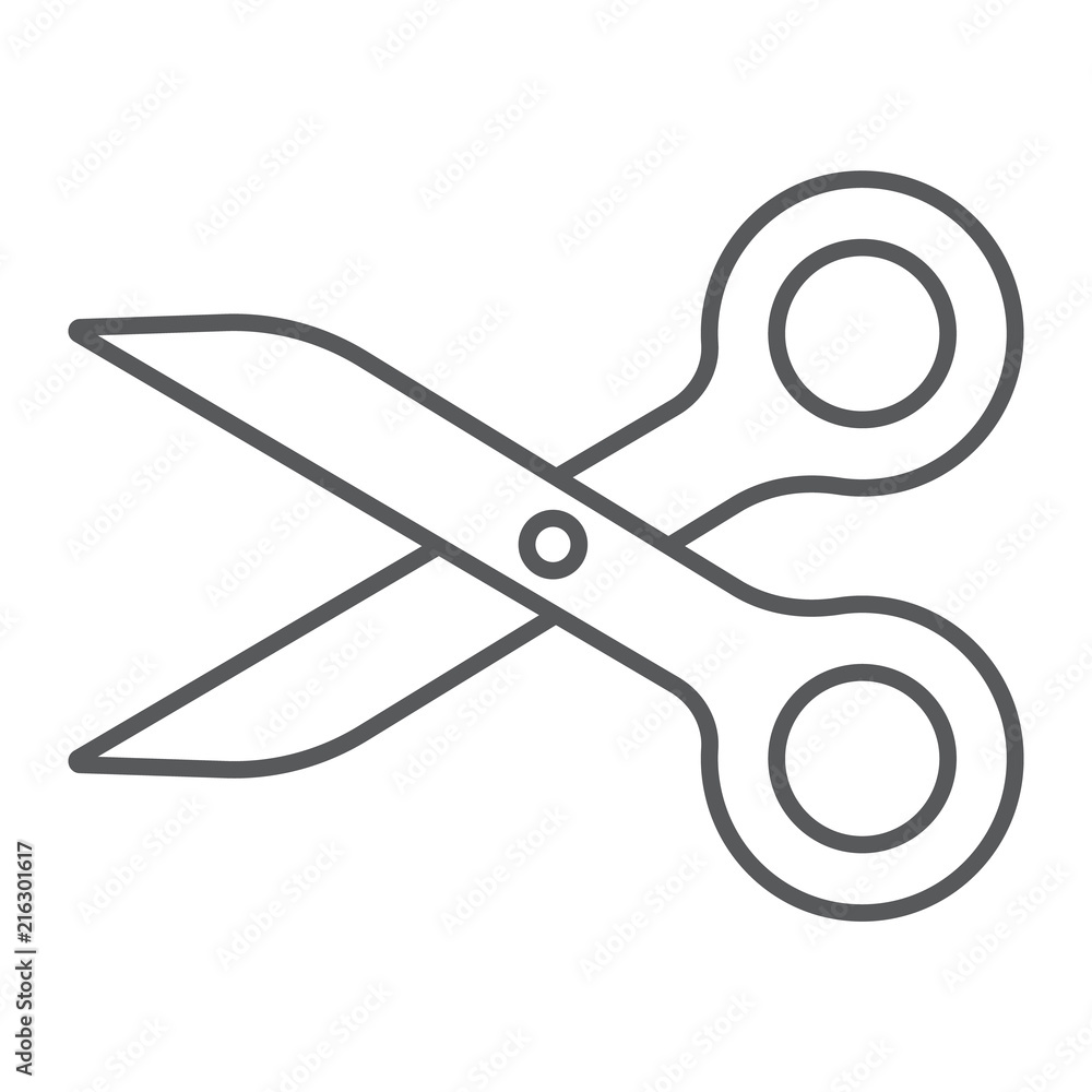 Poster scissors thin line icon, tools and design, cut sign, vector graphics, a linear pattern on a white ba