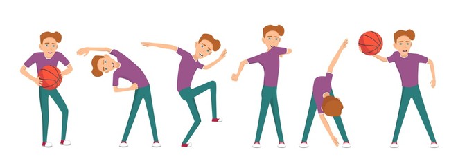 Boy doing different exercises. Vector illustration. 