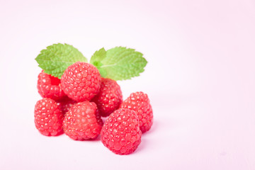 Raw ripe raspberries with fresh green mint leaf isolated on pink pastel background.