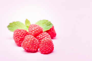 Raw ripe raspberries with fresh green mint leaf isolated on pink pastel background.